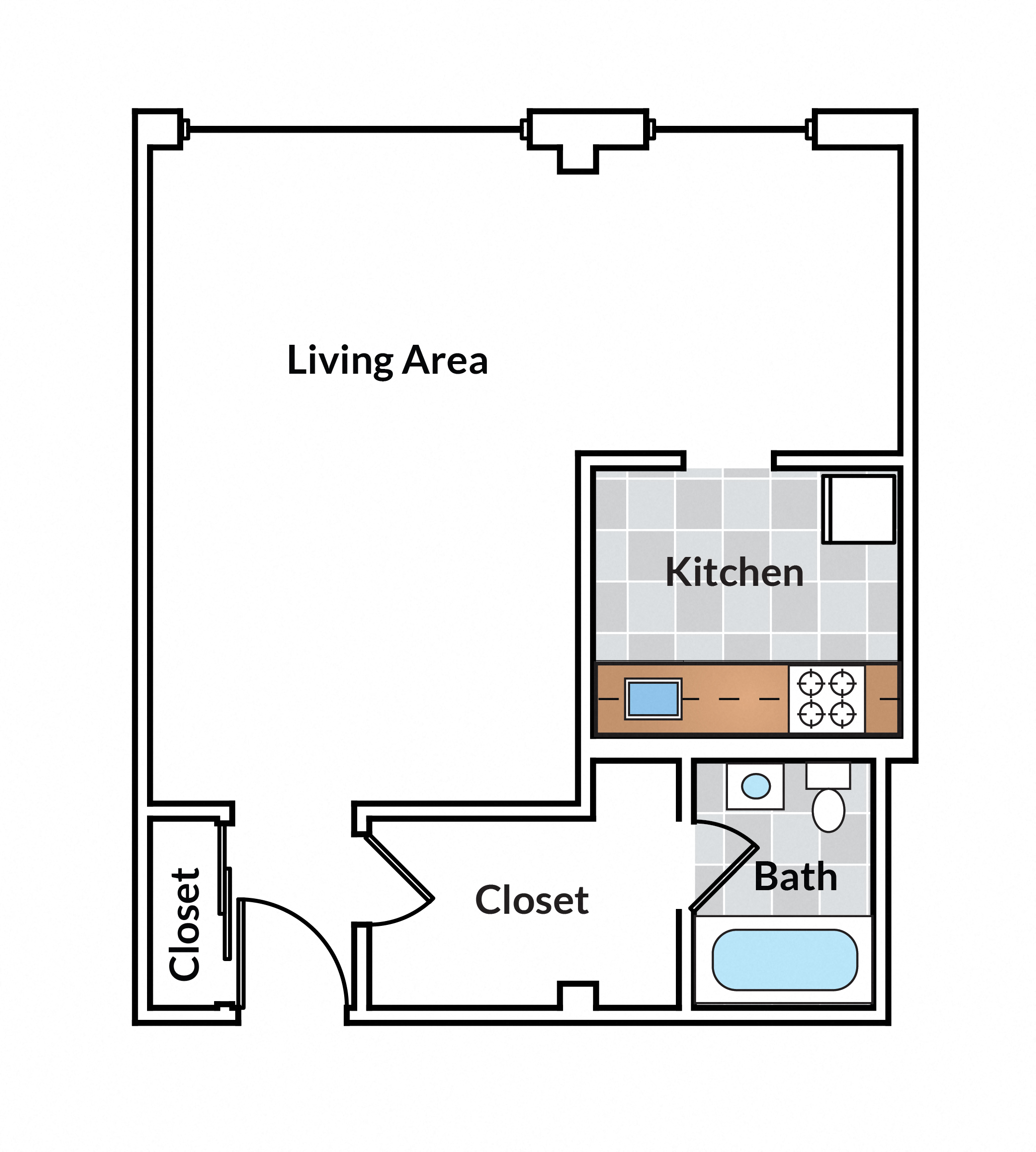 Floor plan for studio, 1 bath, 528 sqft